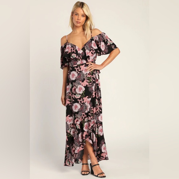 Lulu’s Fully Bloomed Black Floral Off-the-Shoulder Maxi Wrap Dress, Size M - Picture 3 of 8